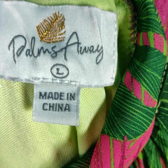 Palms Away Dress Womens Large Pink Green Tropical Palm Long Sleeve Resort - Picture 2 of 10